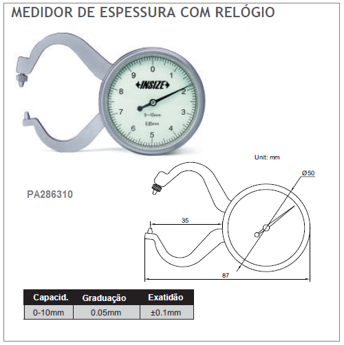 MEDIDOR DE ESPESSURA COM RELÓGIO ANALÓGICO