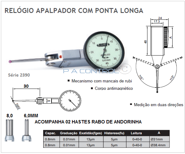 Relógio Apalpador Mecânico haste longa