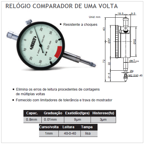 RELÓGIO COMPARADOR 1 VOLTA – COM CURSO MORTO